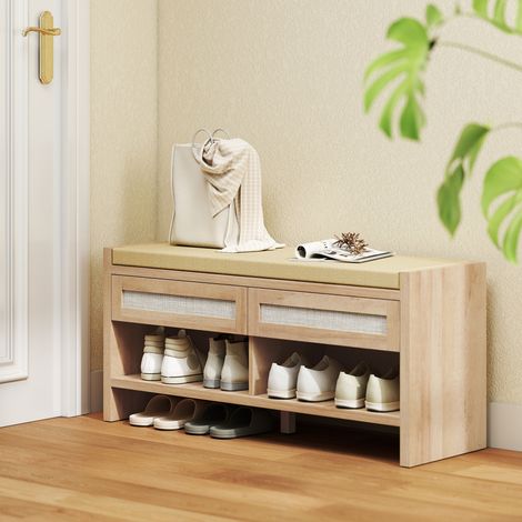 Banc à chaussures d'entrée, banc de rangement, assise rembourrée en lin, deux tiroirs en rotin et étagère ouverte, bois de chêne. (1/5)