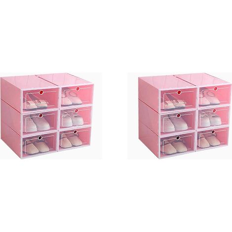 Ensemble de 12 boîtes à chaussures aux couleurs acidulées, boîte de rangement à chaussures en plastique transparent, tiroir de meuble à chaussures, rectangulaire rose (1/5)