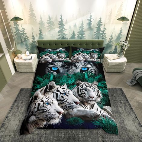 Tigre Parure de Lit Wild Animaux Theme Pattern Housse de Couette 240x260cm pour Les Enfants Adultes Safari Chats Housse de Couette Soft Wildlife White Tiger Decor Parure de Lit (1/5)
