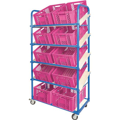 BRB Schrägboden-Regalwagen mit 5 Ebenen, 4 Lenkrollen, bestückt mit 10 Euroboxen durchbrochen 600x400x240 mm pink