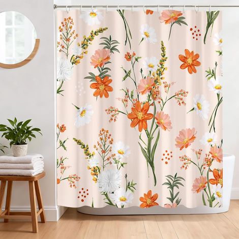 Rideau de Douche Anti Moisissure 180 x 180 cm Rideau Douche Orange Fleurs Tissu Polyester Imperméable Lavable Rideau Baignoire avec 12 Crochets (1/5)