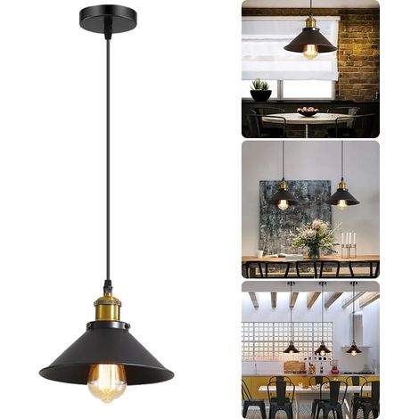 Lustre industriel, Suspension en métal, Plafonnier, Lampes d'îlot, Lampes suspendues avec ampoule, Lumière chaude 3000K, Hauteur réglable, φ22cm (1/5)