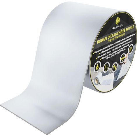 Ruban butyle aluminium autocollant - ruban etancheite pour toiture, gouttière & solin - scotch aluminium étanche anti-fuite - UV/temps extrêmes - Utilisation polyvalente (5cm x 10m - argent) (1/5)