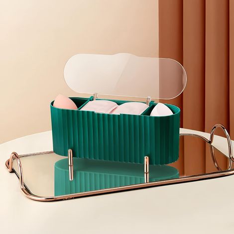 Boîte à cotons-tiges triple compartiment avec couvercle anti-poussière, rangement pour salle de bain et chambre, design épuré (1/5)