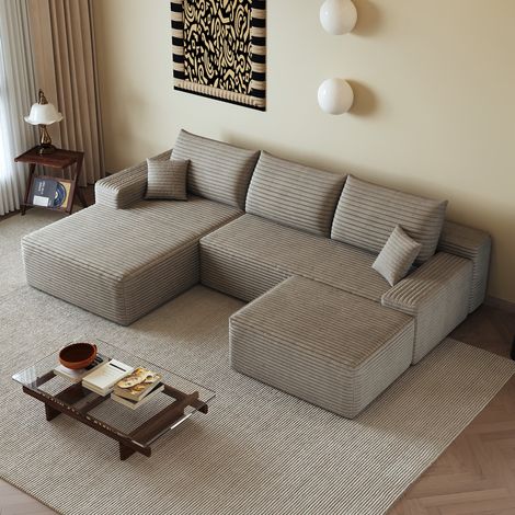 Canapé d’angle modulaire 270 cm camel en tissu côtelé pelucheux avec méridienne réversible, sans montage (1/5)