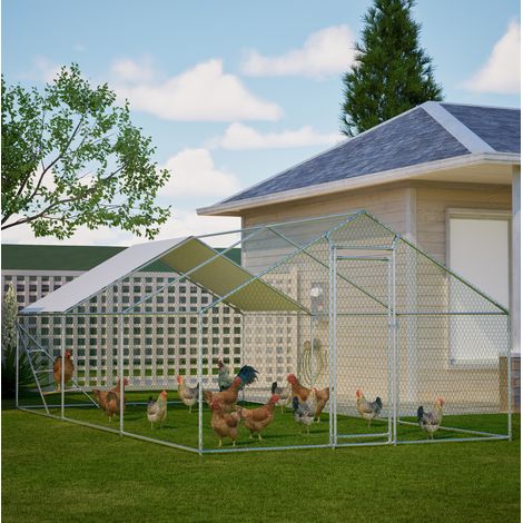 Hühnergehege (303x600x200 cm), mit Klettergestell, verzinktem Stahl, PVC-beschichtetem Drahtgeflecht, Grau (1/5)