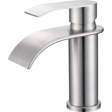 CECIPA Waschtischarmatur, moderne Wasserfall-Waschtischarmatur, 86 mm Auslaufhöhe, gebürstete Oberfläche, G 3/8, Warm- und Kaltwasseranschluss, Edelstahl (1/5)