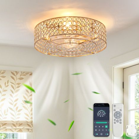 Ventilateur de plafond encastré de 48 cm (19 pouces) avec éclairage, cristaux dorés, pales en ABS, double commande via application et télécommande, 6 vitesses, réversible, conçu pour les espaces à pla (1/5)