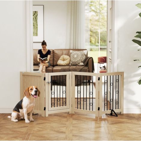 Puerta para mascotas independiente con puerta, 4 paneles, 205 x 30,5 x 70 cm, roble (1/5)