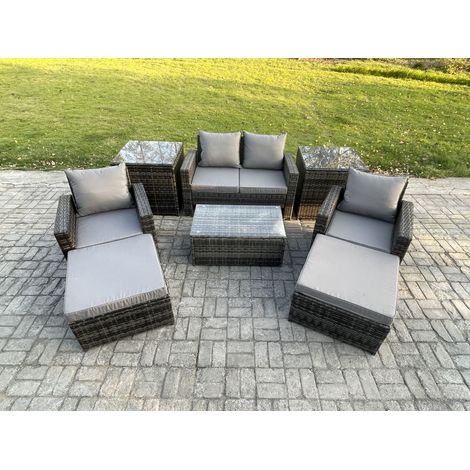Fimous 6 Seater Dark Grey Outdoor Rattan Garden Furniture Set Patio Lounge Sofa Rectangular Coffee Table with 2 Side Tables 2 Big Footstool (1/5)