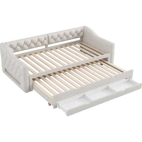 Gepolstertes Tagesbett 90 x 200 cm beige mit LED, Ausziehbett und 3 Schubladen (1/5)