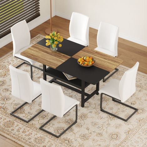 DESMIU Table de salle à manger rectangulaire avec rangement, 6 chaises, pour cuisine et salle à manger, blanc, 160 × 90 × 76 cm (1/5)