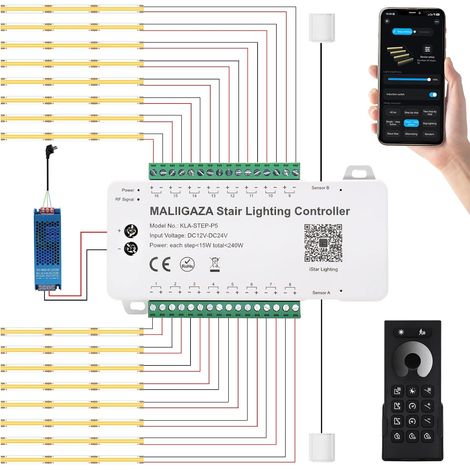 Éclairage d'escalier intelligent - 16 marches - Blanc chaud 3000 K - Détecteur de mouvement - Avec application et télécommande RF - Bande LED COB - Intérieur (1/5)