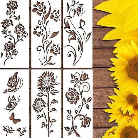 Pochoir Fleurs - Pochoir Peinture Grand Format pour Clôture Bois Mur Sol Mobilier - 6 Pièces (1/5)