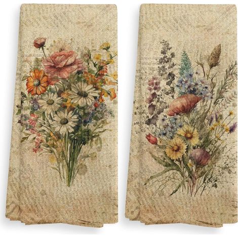 2 pièces de torchons de Cuisine Vintage à Fleurs et Serviettes de Vaisselle, torchons décoratifs Vintage, Serviettes décoratives Bouquet de Fleurs, torchon rétro (1/5)