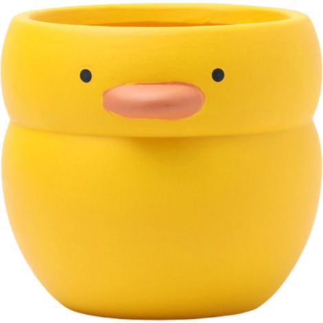 Pot de fleurs en céramique rond en forme de canard jaune mignon avec porte-stylo décoratif. Pot en argile respirant pour orchidée verte charnue. (1/5)