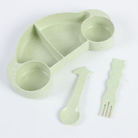 Ensemble de 3 couverts en plastique vert, motif enfant, fourchette, cuillère et bol à fruits, avec motif paille de blé. (1/2)