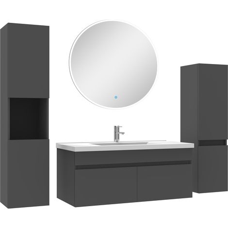 Acezanble meuble Salle de Bain Anthracite 100cm simple vasque + colonne + miroir rond LED