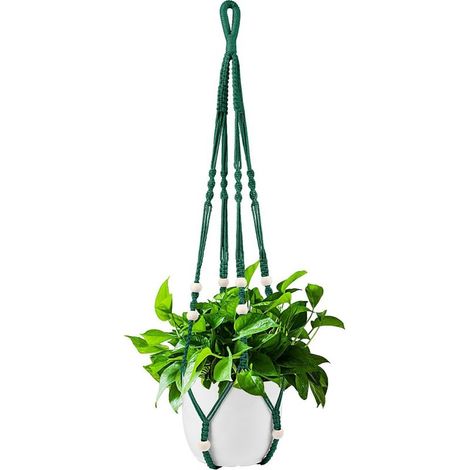 Suspension pour plantes d'intérieur en corde de coton vert foncé, 85 cm, avec perles en bois, pour décoration intérieure, sans crochet, 1 paire (1/5)