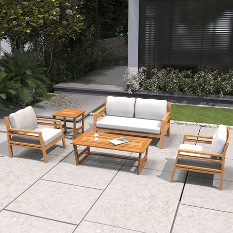 Abrihome 6-Piece Acacia Wood Garden Set – 2-Seater, 2 Armchairs, Coffee Table and Side Table, with Olefin Cushions, Teak Finish