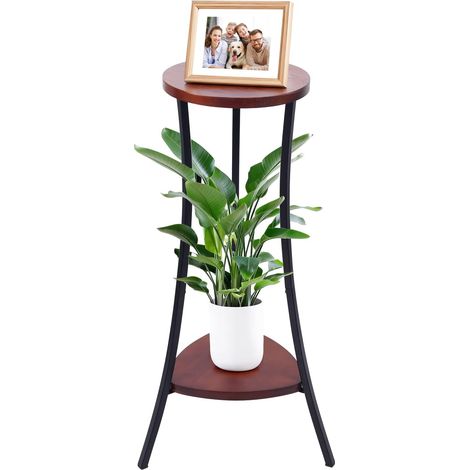 Support de plantes haut à 2 niveaux pour intérieur et extérieur, étagère d'angle ronde en bois avec panneau en noyer et cadre en métal noir, support moderne pour pot de fleurs pour salon (1/5)