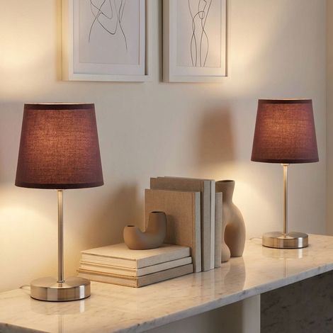 Lampe de table lampe de chevet lampe d'appoint lampe de bureau chambre, textile marron métal nickel mat, 1x douille E14, DxH 14,5x32 cm, lot de 2 (1/5)