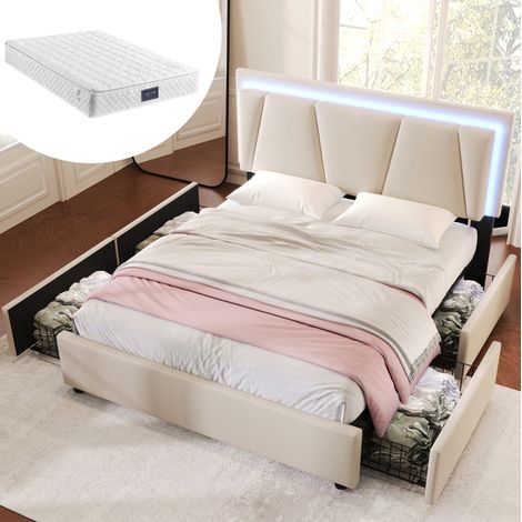 Letto matrimoniale 160x200 cm beige in tessuto, LED, 4 cassetti e materasso - MEUBLIV (1/5)