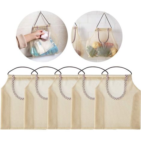 Sacs de rangement suspendus en filet respirant – Lot de 5 pour pommes de terre, oignons, ail et légumes, idéal cuisine (1/5)