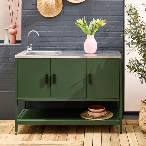 Cuisine d'extérieure en acier vert avec évier L120cm