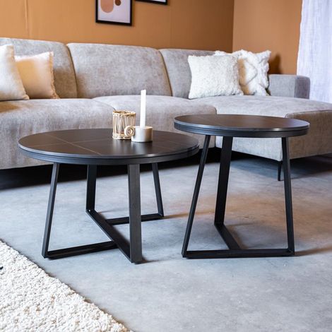 Couchtisch 2er-Set Tanner Round Marble Look Black Round