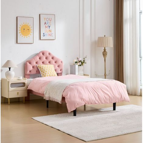 Cama individual tapizada moderna de terciopelo rosa 90x200 cm con cabecero regulable y somier de láminas