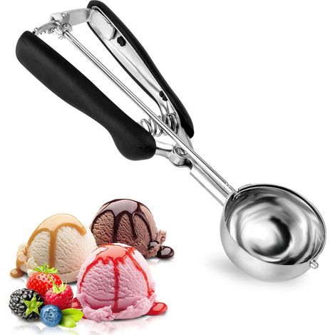 Cuillère à Glace - Portionneur à Glace 5 cm - Acier Inoxydable - Avec Déclencheur et Poignée Ergonomique - Pour Glace, Pâte, Fruits (Noir) (1/5)
