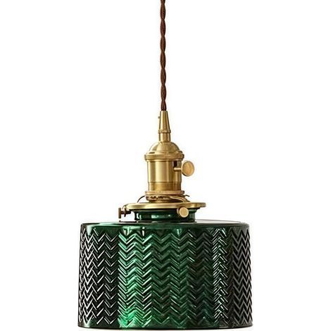 Suspension avec Abat-jour en Verre Strié Rond, Lampe Suspendue de Plafond Industrielle Rétro Loft Bar E27 pour Chambre Salle à manger Cuisine (Vert) (1/5)