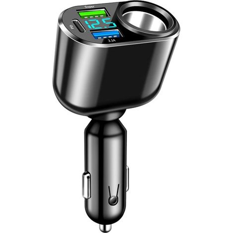 111W Chargeur de Voiture USB C, Adaptateur Allume-Cigare avec Type C, 90W Charge Rapide, 66W Super QC3.0, 30W Chargeur PD, et Voltmètre LED Intégré pour Voitures, Camions - Noir