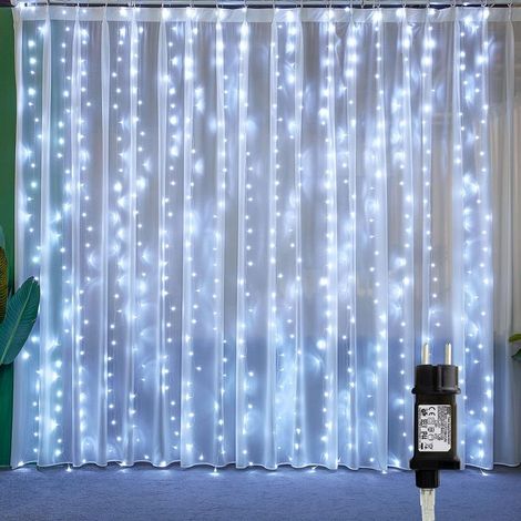 Guirlande LED 300 lumières 3x3m Rideau Lumineux Blanc Froid 8 Modes IP44 31V Noël Fenêtre Mariage Maison Patio GROOFOO (1/5)