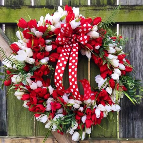Couronne De Fleurs - Couronne Artificielle Tulipe - Décoration Murale Porte Cheminée Fenêtre - 40 Cm - Rouge - 1 Pièce (1/5)