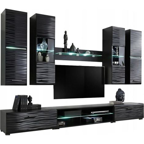 Dusine – Ensemble meuble TV laqué noir effet 3D LED 280 cm – 2 meubles suspendus – Éclairage intégré – Rangement pour box et console (1/4)