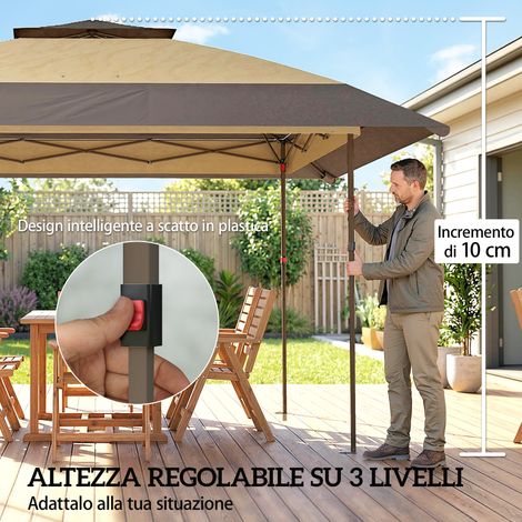 Pavillon pliant 4x4 m avec 4 filets anti-insectes latéraux, double toiture et sacs de lest, couleur kaki et marron