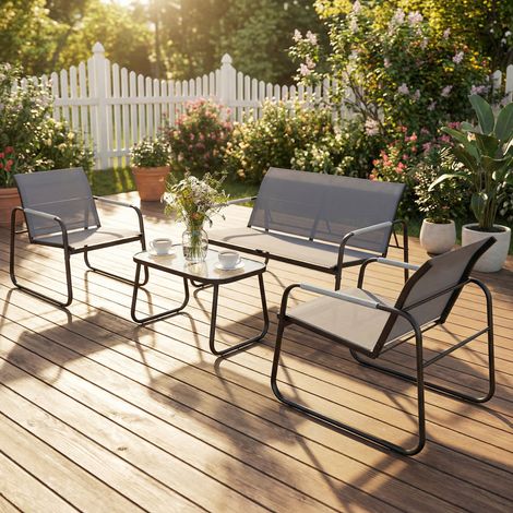 Set da giardino per esterni con 1 divano a due posti, 2 poltrone e tavolo in vetro temperato, in Textilene traspirante, grigio.