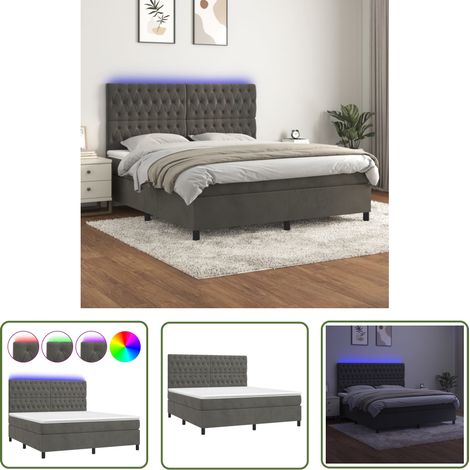 The Living Store Sommier à lattes de lit matelas et LED Gris foncé 160x200 cm - Lit Plateforme - Lit Capitonné - Lit Velours - Lit Avec Rangement - Tête De Lit Ajustable (1/5)
