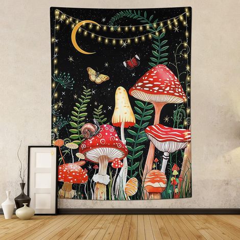 Champignon Tapisserie Lune et Étoiles Tapisserie Murale Papillon Tapisserie Verticale Esthétique Tarot Tapisserie Tenture Murale pour Chambre Salon Décor (M/130x150cm, Noir) (1/5)