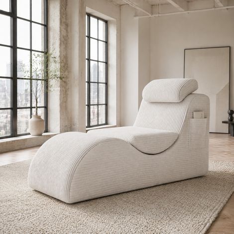 Poltrona relax ergonomica in velluto a coste beige con cuscino removibile e tasca laterale (1/5)