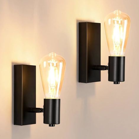 Lots de 2 Applique Murale Interieur industrielle, Spot Murale Vintage E27 Orientable 90°ou 360°, Rétro Lampe Murale Métal Noir [E] (1/5)