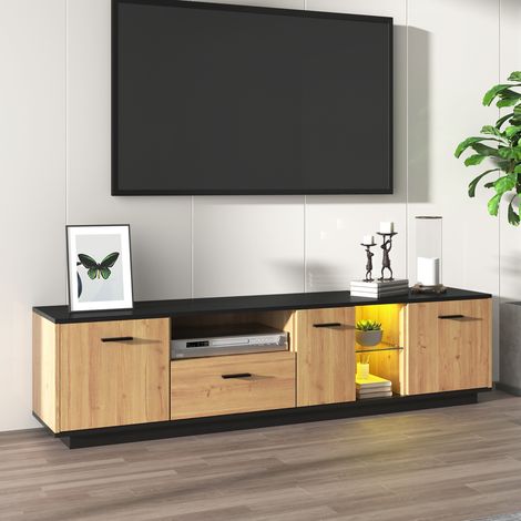 Meuble TV LED 180x37x45cm - Design Bicolore - 3 Portes, 1 Tiroir, Niches Verre - MDF - Salon Moderne - Noir & Bois Naturel