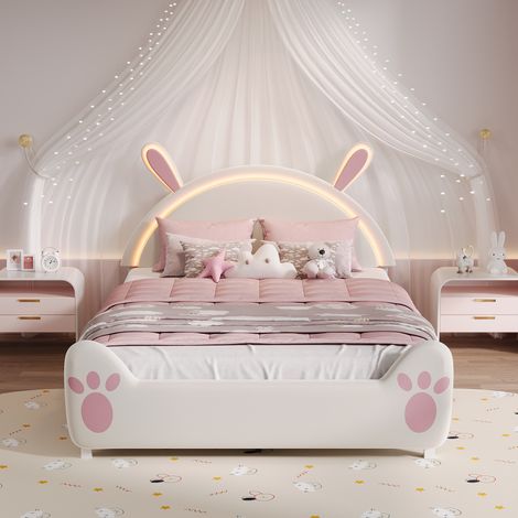 FOERPL-Kinderbett Polsterbett 140x200 cm für Kinder mit LED, Gepolstertes Einzelbett 140x200 für Mädchen mit Kopfteil in Hasenform Prinzessin Bett mit Lattenrost Bettgestell für Mädchen (1/5)