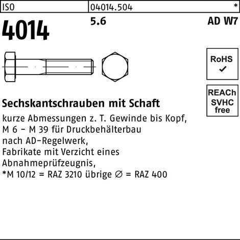 ISO 4014 Sechskant-Schaftschraube nach AD W7 für Druckbehälterbau M30x300 Stahl 5.6 blank (1/2)