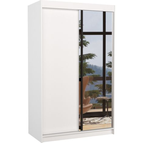 Petite armoire de chambre 2 portes coulissantes 1 bois blanc 1 miroir Roxane 120cm (1/5)
