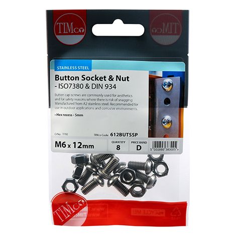TIMCO Button Socket Screws ISO7380 A2 Stainless Steel - M6 x 12