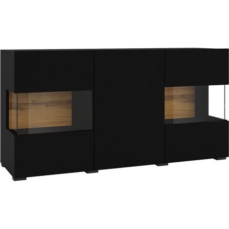 Aparador Revmiru 102, Negro + Roble wotan, 62x120cm, Número de puertas: 335cm, Aglomerado laminado, Vidrio templado