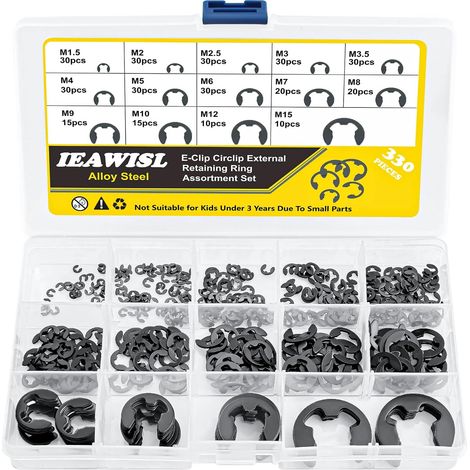 Circlips E-clips, Anneau de Retenue Assortiment, Tailles - M1.5 M2 M2.5 M3 M3.5 M4 M5 M6 M7 M8 M9 M10 M12 M15 E-Clips Anneaux de retenue pour Fixer Poulies à Engrenages de Roulement (1/5)
